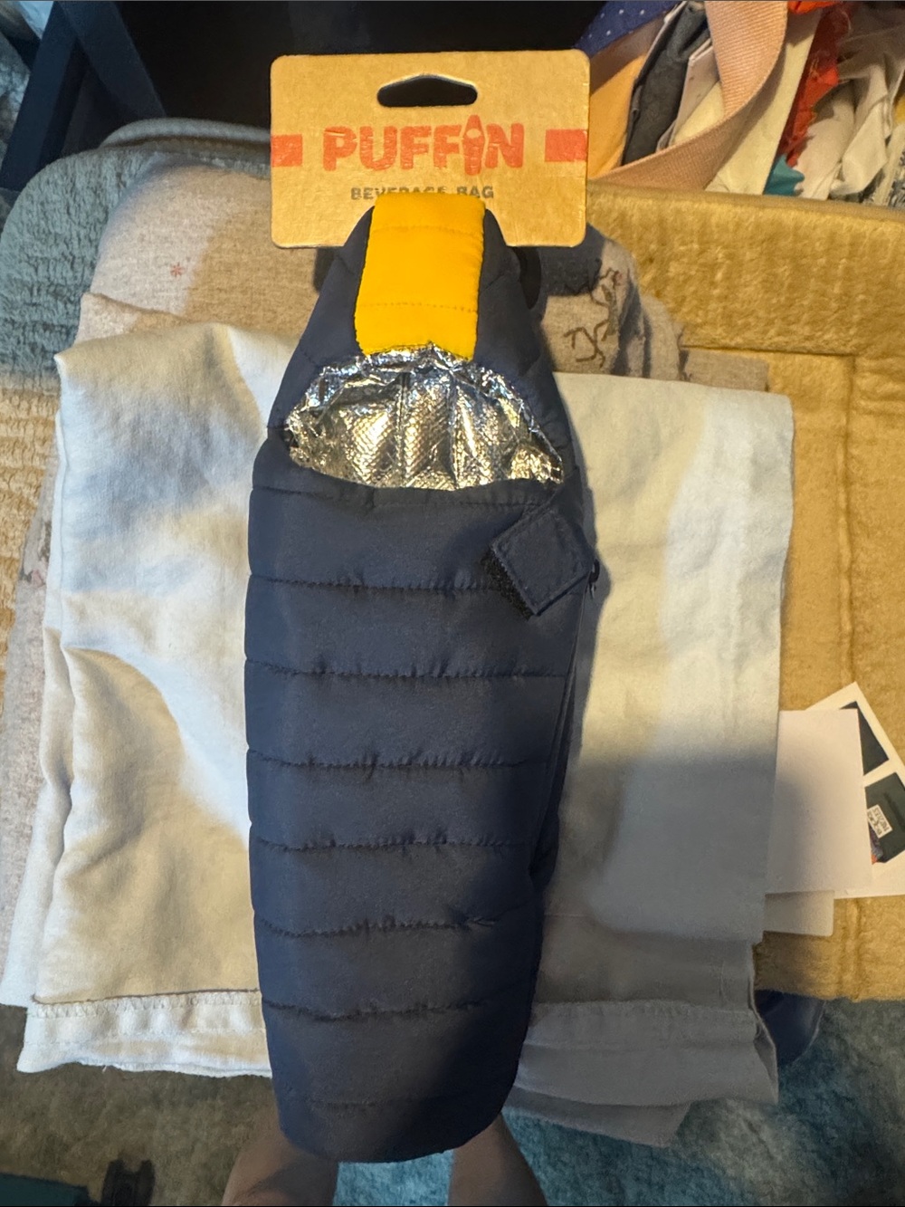 Puffin Quilted Insulated Beverage Bag in Navy with Yellow Accent